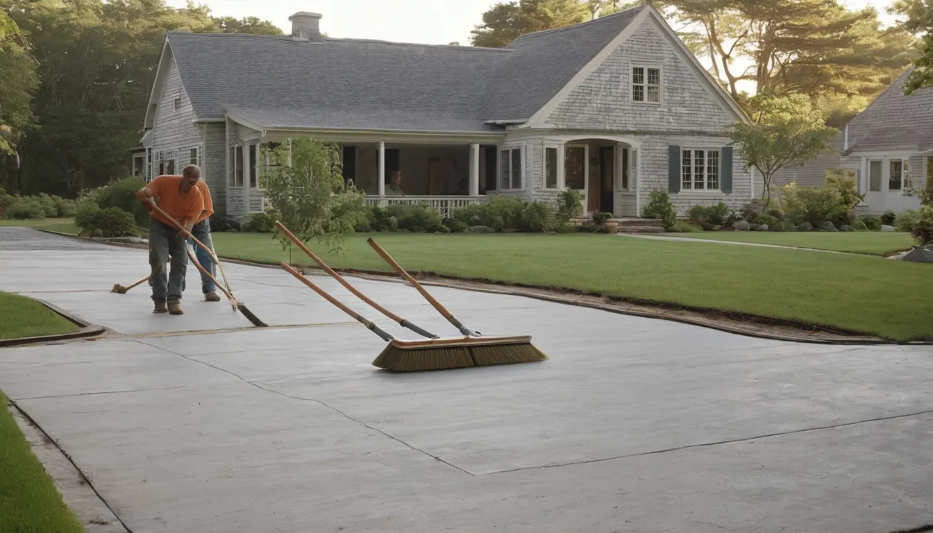 Fresh broom-finished concrete driveway beside a suburban home in Peabody with a provider crew smoothing the surface