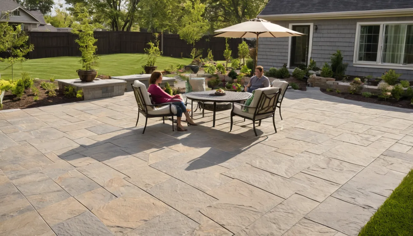 Stamped concrete patio with a stone pattern behind a home in Peabody